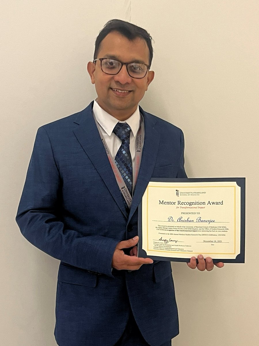 MarylandSurg's tweet image. Congrats to Dr. @anirbanbaner for receiving the Mentor Recognition Award for Transformational Impact! This award was presented on behalf of UMSOM, the AOA (UMSOM Chapter), and the Office of Student Research at the 48th Annual Medical Student Research Day. #Thoracic #Mentorship