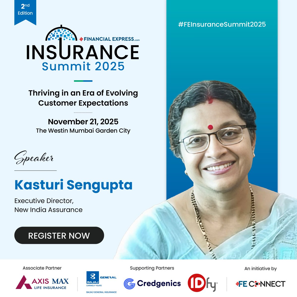 We are elated to have Kasturi Sengupta, Executive Director, <a href="/NewIndAssurance/">New India Assurance</a>, for the 2nd Edition of the FE Insurance Summit 2025.

November 21, 2025 | The Westin Mumbai Garden City 
Register now: shorturl.at/ShC5w

<a href="/AxisMaxLifeIns/">Axis Max Life Insurance</a> | @Credgenics | <a href="/bajajgeneral/">Bajaj General Insurance</a> | IDfy