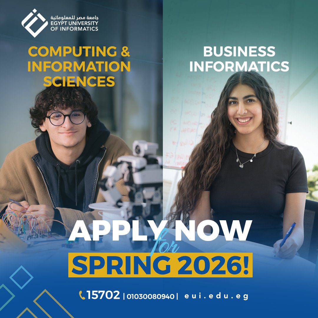 Egyuniversity's tweet image. Applications for the Spring 2026 semester are now open for the Faculties of Computing &amp;amp; Information Sciences and Business Informatics!
Your dream career starts with the right education. Visit our website and apply for Spring 2026!
#EUI #AdmissionsOpen #Spring