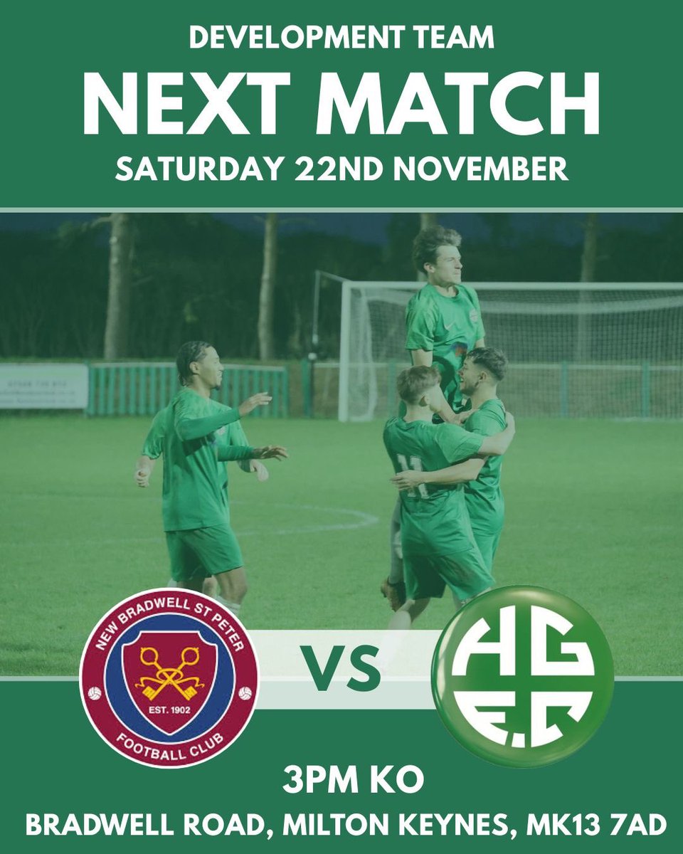 NEXT GAME: NEW BRADWELL ST PETER FC VS HOLMER GREEN DEVELOPMENT 🔥

This weekend our Development Team face New Bradwell St Peter FC, away for a 3pm KO. 

Make sure to come along and show your support 💚

#greenarmy