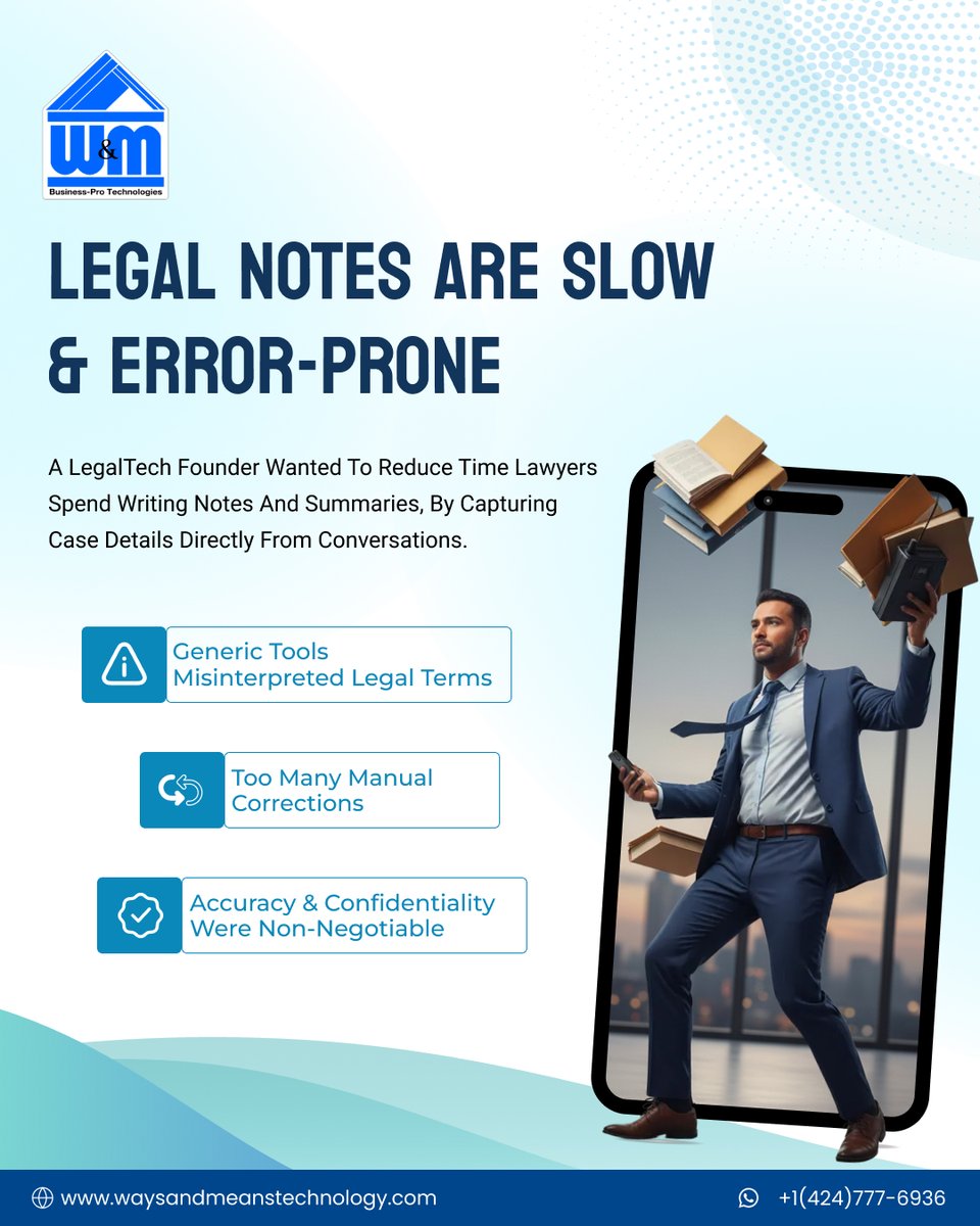 WMTechnology's tweet image. Built a domain-aware transcription engine for legal teams.
3+ hours saved weekly per user.
Now scaling across 3 regions.
+1 (424) 777-6936 | waysandmeanstechnology.com
#SpeechToText #WMTechnology