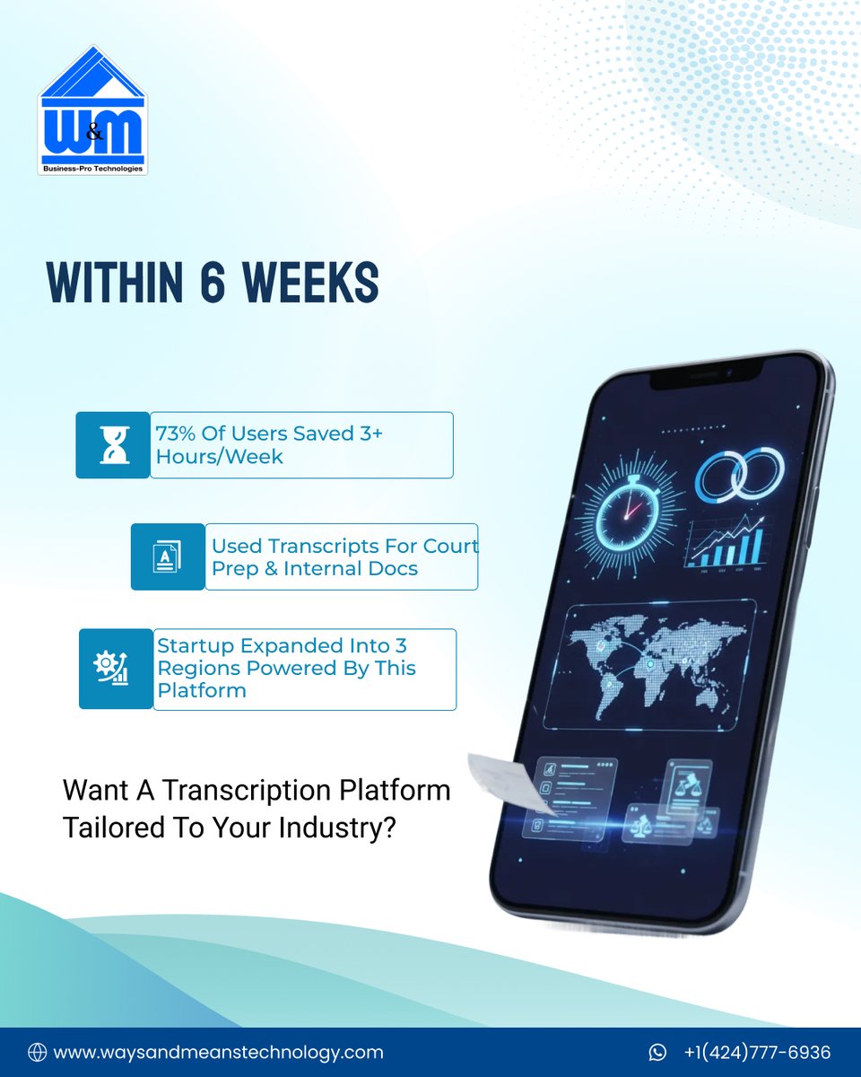 WMTechnology's tweet image. Built a domain-aware transcription engine for legal teams.
3+ hours saved weekly per user.
Now scaling across 3 regions.
+1 (424) 777-6936 | waysandmeanstechnology.com
#SpeechToText #WMTechnology