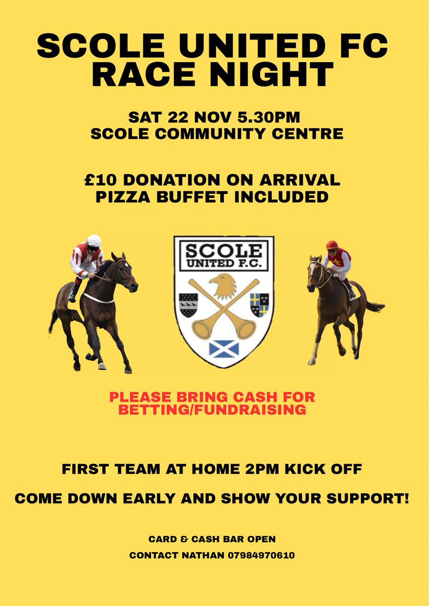 ScoleUnited's tweet photo. Race night this Saturday after the Beccles game! Inviting everyone past and present who has been associated with the club to come and enjoy a good evening and raise some money for the club too! Hope to see as many of you there as possible 🐎💛🖤 https://t.co/VYRrt3FDWG