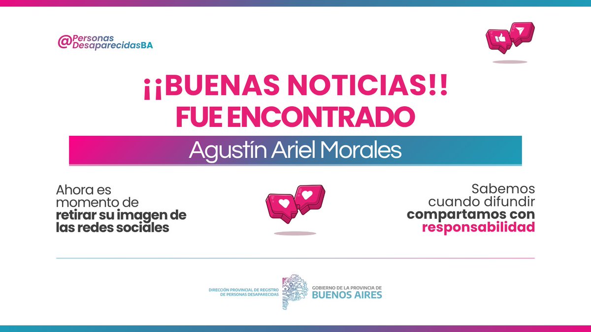 PerDesBsAs's tweet image. 😊 B U E N A S N O T I C I A S ✨

🙌🏼 Tenemos el agrado de informar que Agustín Ariel Morales de #Hudson, partido de #Berazategui, fue encontrada y ya se encuentra junto a sus seres queridos.

Gracias por colaborar ! 💜