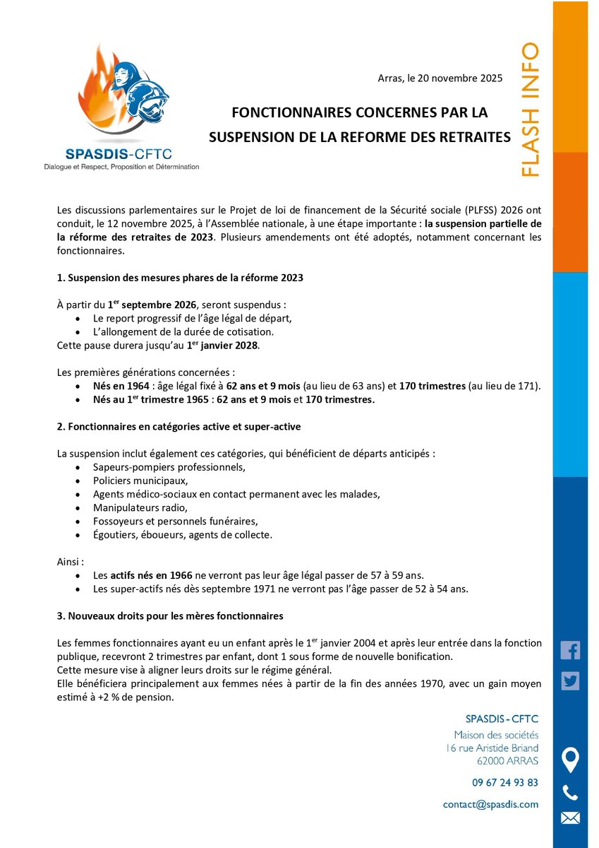 pompiers_cftc's tweet image. ℹ️ Impact de la suspension de la réforme des retraites sur les #SPP et #PATS 👇👇👇
⚠️ Toujours en attente de la décision des sénateurs ⚠️
#SDIS #pompiers #SPASDIS #CFTC