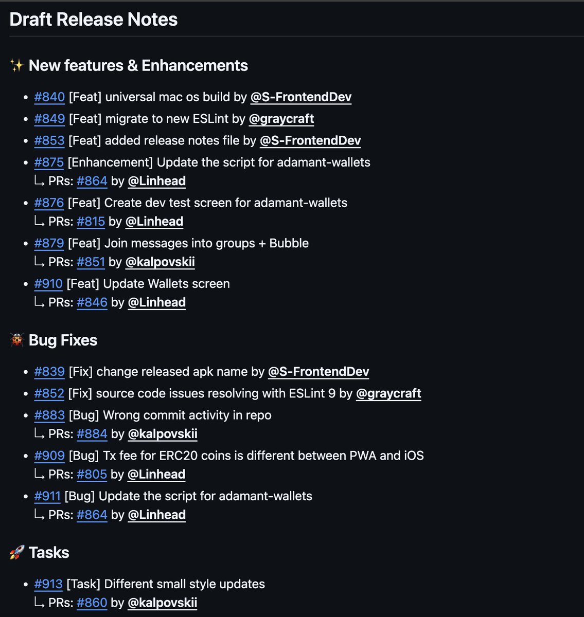 From developers to #developers.
Release Drafter for Automated Releases — a tool to automate #release notes generation!
Label-based categorization (feature, fix, etc.)
Pr and issue title prefixes categorization ([Bug], [Feat], [Chore], etc.).
#OpenSource 🚀
github.com/orgs/Adamant-i…