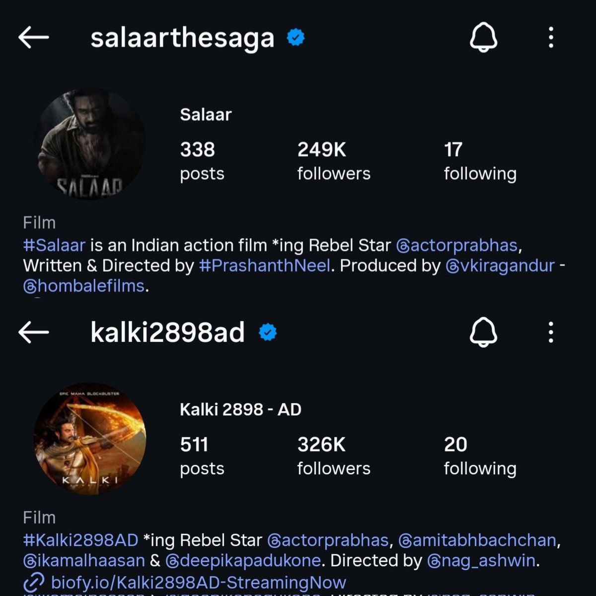 HailPrabhas007's tweet image. There are three upcoming #Prabhas films #TheRajaSaab, #Spirit, #Fauzi that are currently in shooting or pre or post production, yet not even a single Instagram handle has taken the blue tick subscription. Meanwhile both #Salaar and #Kalki2898AD handles still have their blue ticks…