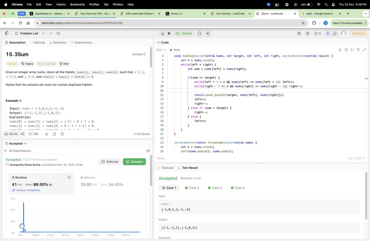thehungertocode's tweet image. Hello Everyone 👋

Completed #Day689 of the #codeeveryday challenge.

Solved:  3Sum

✅ T.C: O(n^2)
✅ S.C: O(1)

#consistencyiskey #buildinpublic #developer #Engineering #LeetCode