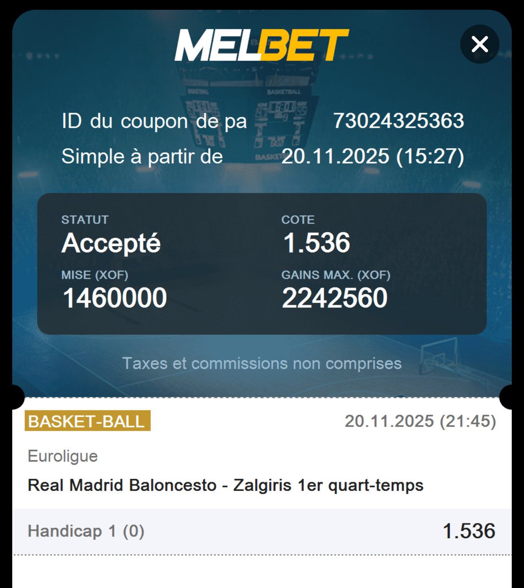 africanbetting's tweet image. #Realmadrid    🆚 #Zalgiris                  

➡️ Pronostic : 1 er quart temps Handicap 1 (0) 

💰 Gain potentiel : 2.242.500 XOF 

🔥🔥💥▶️ #Melbet : ➡️
🔥🔥💥▶️ Code Pari ➡️ TG6DL

🔥🔥💥▶️CODE PROMO : xfree   (Inscris-toi avec le code promo et reçois un bonus équivalent au…