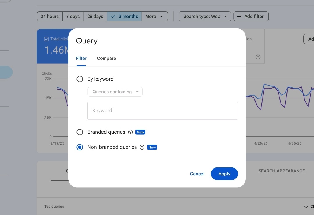 Nueva función en Search Console, que está a tope últimamente.

Ahora será posible filtrar la búsquedas de tu marca automáticamente gracias a la nueva casilla que verás.

Al fin parece que se ponen las pilas e integran cosas que eran muy necesarias y teníamos que trampear de otras