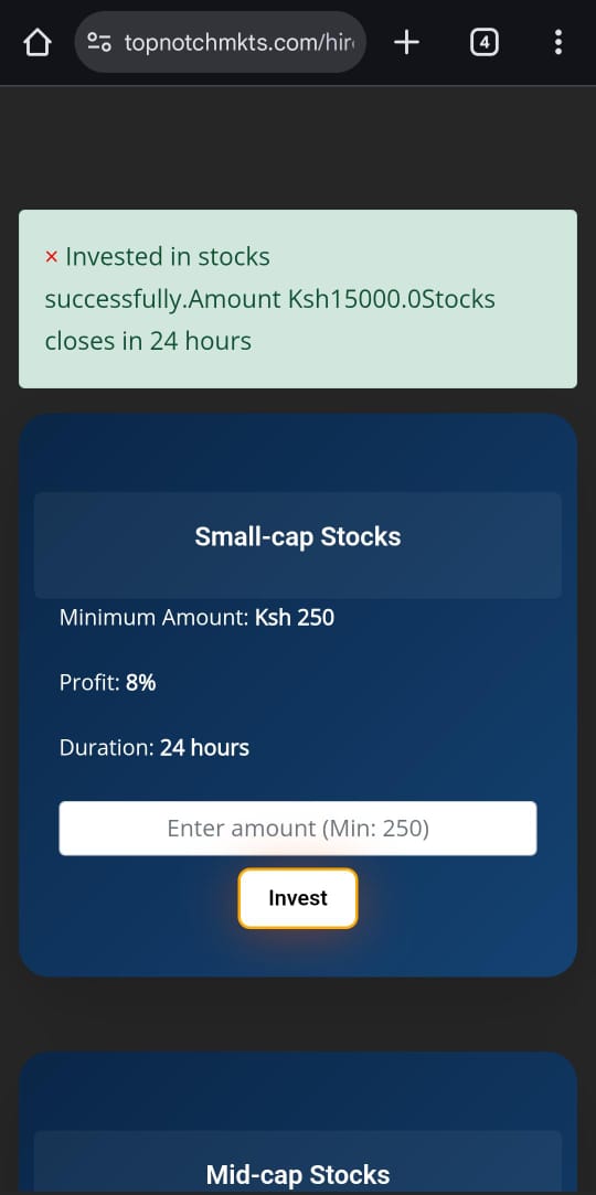 Start your financial journey with Top Notch Markets!💰
You can invest from Ksh250 upwards and get 8% profit after 24hrs in different market options.
Fast setup,easy to use and designed for anyone ready to grow step by step 
Get started ⬇️🔥
tinyurl.com/25tjyj2w