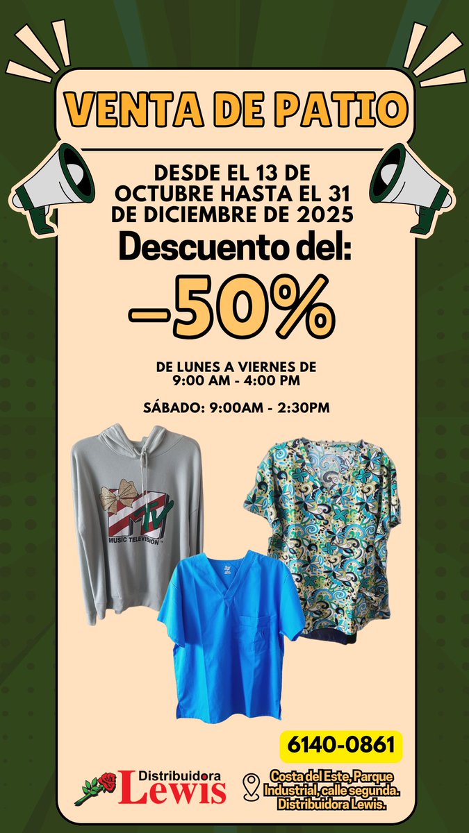 DistLewis's tweet image. Venta de Patio 👕🔥
Ropa con 50% de descuento
En Distribuidora Lewis, Calle Segunda, Parque Industrial Costa del Este.
¡Aprovecha antes que se acabe! 💥
Whatsapp&amp;gt;&amp;gt; 61400861 distribuidoralewis.wpcomstaging.com/tienda/