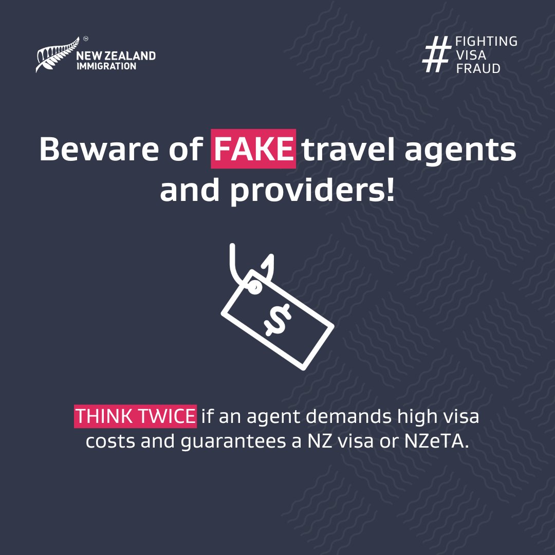 ⚠️Beware of fake travel agents &amp; providers! ⚠️

Think twice if someone demands excessive visa fees and the promise of a NZ 🇳🇿 visa. These are major red flags 🚩!

Protect yourself by checking official information at immigration.govt.nz/about-us/our-s…

#FightingVisaFraud #FraudAwarenessWeek