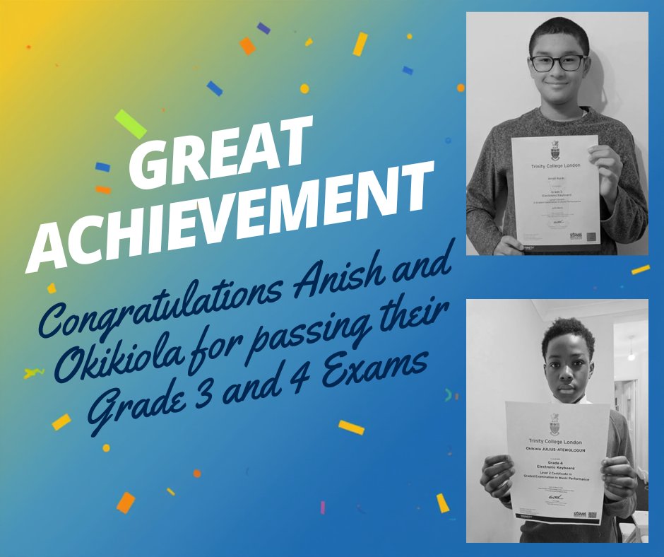 SOUNDSTEPS_SCH's tweet image. Celebrating Student Success:🎶
A Big Congratulations to Anish for passing his Grade 3 Trinity Exam and Okikiola for passing his Grade 4 Trinity Exam! 🌟
Keep reaching for new notes and inspiring others with your talent,🎹✨
#StudentSuccess #SoundStepsMusic #PianoLessonsForKids