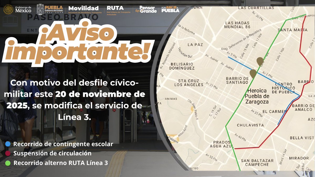 carlosmartinh's tweet image. 🚍 Atención usuarios de la Línea 3 del RUTA

🚍Desde las 5:00 a. m., la ruta Línea 3–CAPU opera por un recorrido provisional: bulevar Valsequillo → avenida 11 Sur/Norte → Diagonal Defensores → China Poblana.

🚍Las estaciones ubicadas sobre el bulevar 5 de Mayo permanecerán…