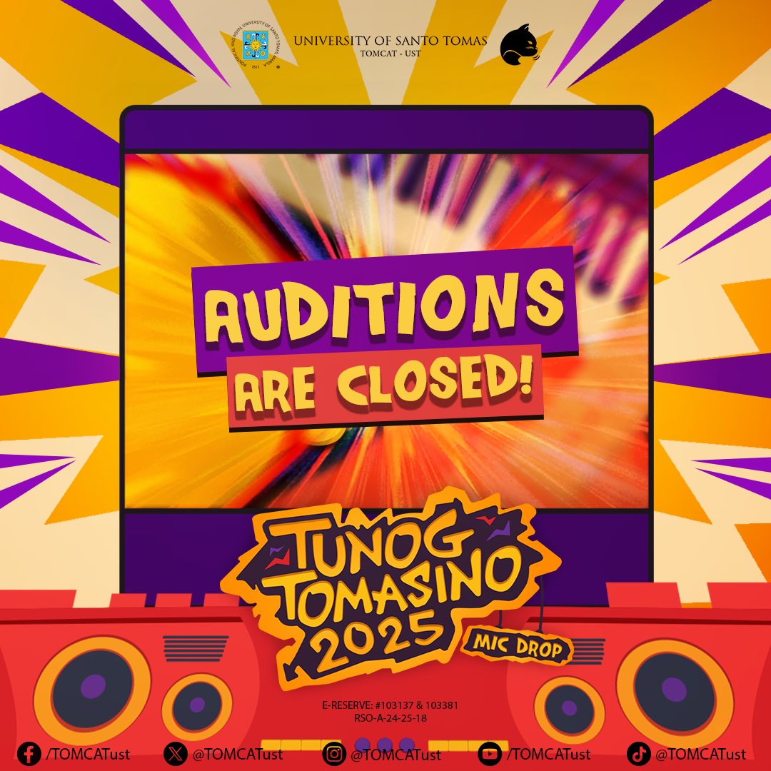 TOMCATust's tweet image. The auditions for Tunog Tomasino 2025 are now officially closed.

The stage grows quiet for now—as it awaits the next sound to drop. Let’s keep the energy high and support the artists who dared to take the stage!

#TunogTomasino2025
#PumpedUp