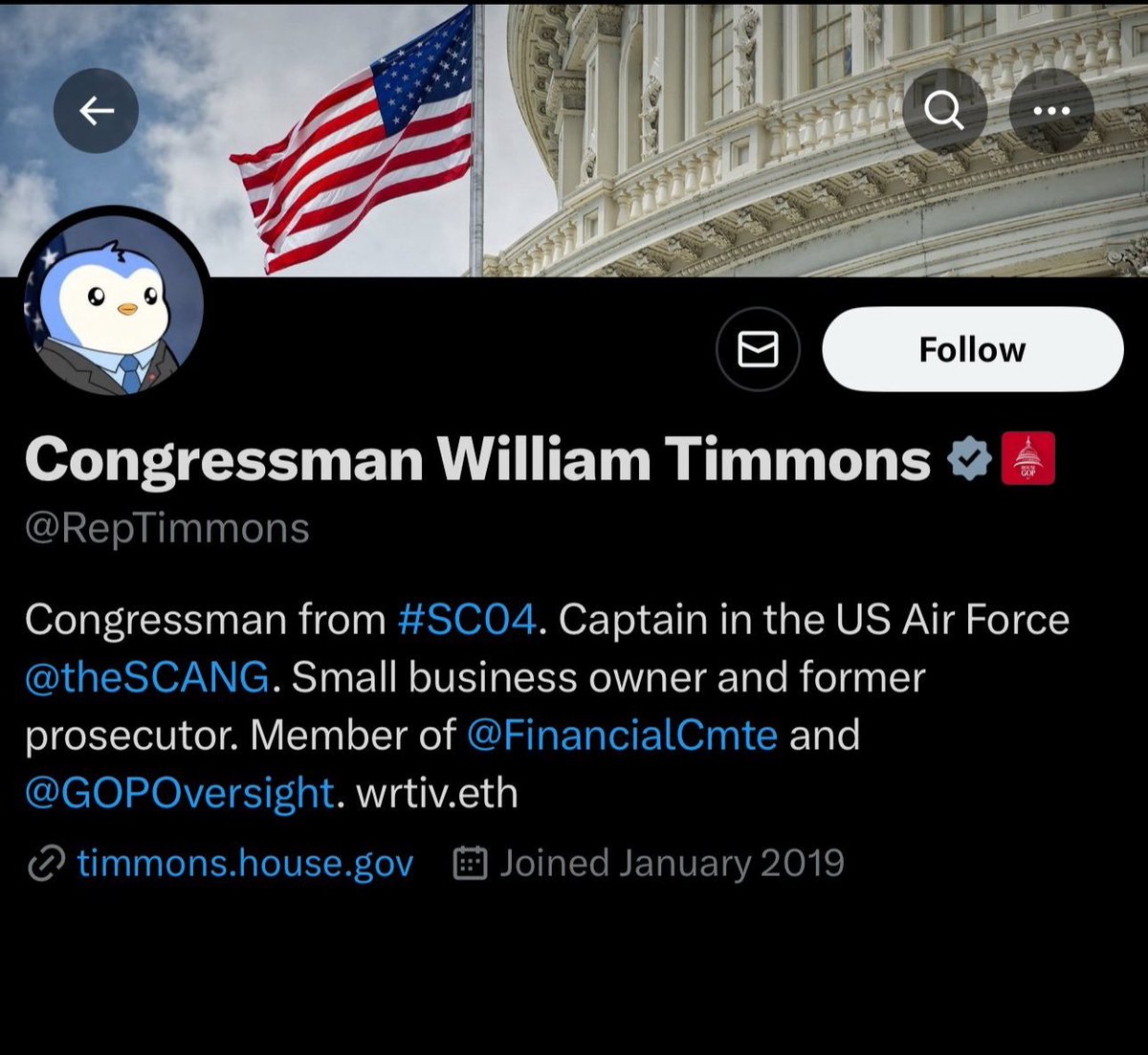 RisBrian's tweet photo. This is Awesome! Web3 Art is working it's way up the DC PFP hierarchy!
Pudgy Penguins have infiltrated Washington, D.C. !!!!!
- - - - - - - - - - -
@RepTimmons
Congressman from #SC04. Let'sGooooooo! https://t.co/Q8p8cd66Fe