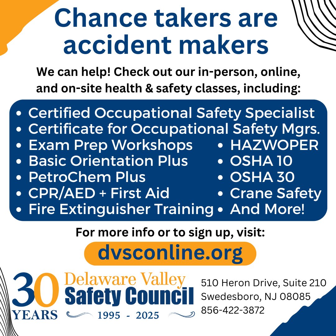 DvscAdmn's tweet image. Chance takers are accident makers

We can help! Check out all our in-person, online, and on-site health and safety classes:
dvsconline.org

#COSS #COSM
#CPR #BOP
#HAZWOPER
#OSHA10 #OSHA30
#PetroChemPlus
#FireExtinguisherTraining
#ExamPrepWorkshops
