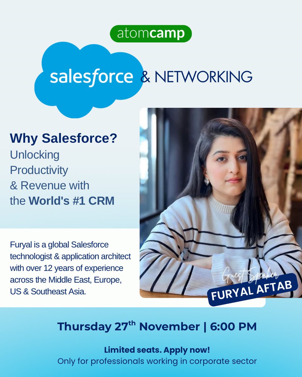 atomcamp's tweet image. Why @salesforce ? Unlocking Productivity &amp;amp; Revenue with the #1 CRM

@atomcamp is hosting an exclusive in-person community session with Furyal Aftab, a global Salesforce Technologist &amp;amp; Application Architect with 12+ years of experience across the Middle East, Europe, the US, and…