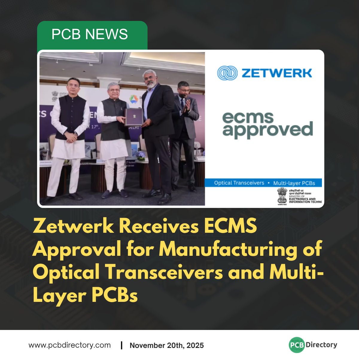 PCB_Directory's tweet image. Zetwerk secures ECMS approval for optical transceivers and multi-layer PCBs, marking a strong boost for India’s electronics manufacturing ecosystem.

Read more: ow.ly/GUbV50XuyuS

#printedcircuit #news #industry #electronics #IndiaTech #ECMS #Zetwerk #PCB #innovation