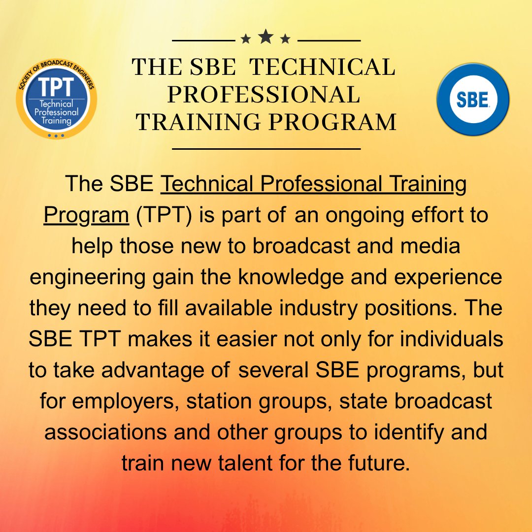 SBEorg's tweet image. Grow New Talent with Technical Professional Training.
More info at: sbe.org/tpt

#BroadcastEngineering
#BroadcastTech
#Broadcasting
#RadioTech
#TVTech