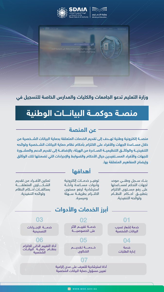 #وزارة_التعليم تدعو الجامعات والكليات والمدارس الخاصة للتسجيل في منصة حوكمة البيانات الوطنية، من خلال الرابط التالي:
dgp.sdaia.gov.sa/wps/portal/pdp…