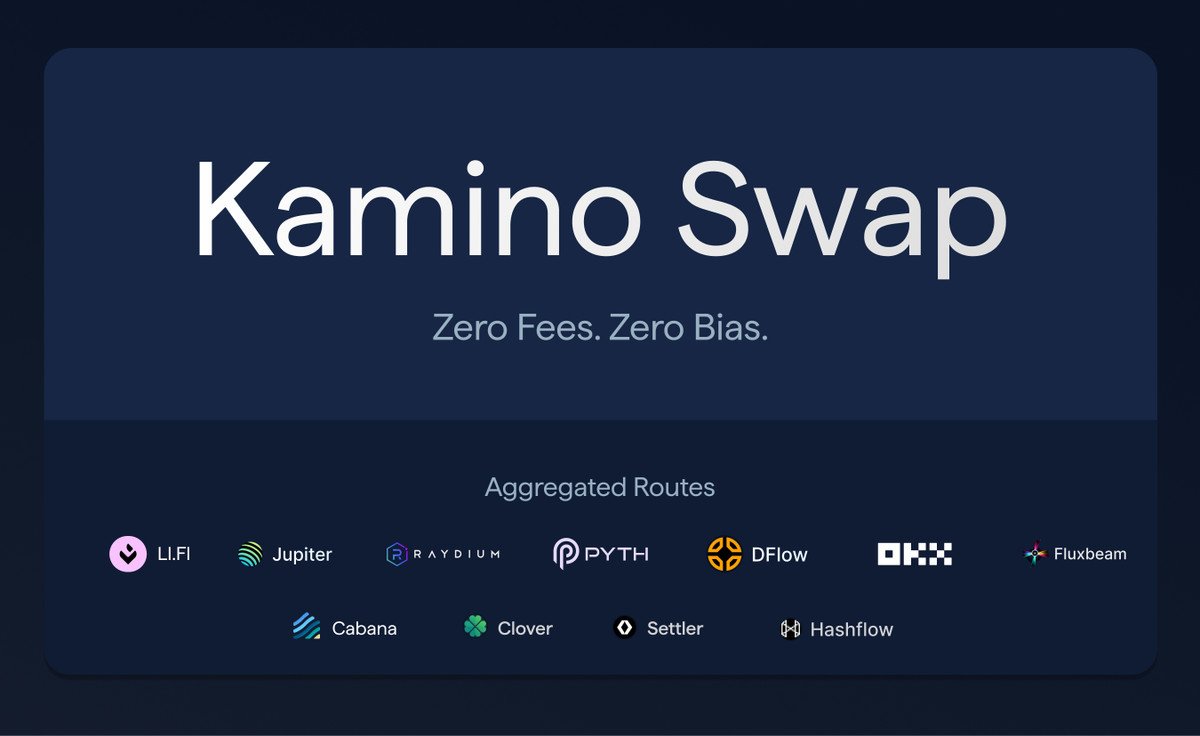 수수료 없음과 집계된 라우트를 보여주는 Kamino Swap 배너