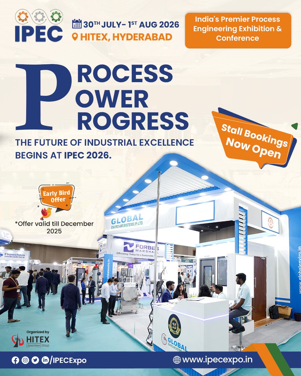 IPEC_EXPO's tweet image. IPEC 2026 is set to bring together India’s process engineering leaders, innovators, and decision-makers under one powerful platform. Showcase your technologies. 

#IPEC2026 #IPECExpo #ProcessEngineering #IndustrialInnovation #ManufacturingIndia #HITEX #EngineeringExpo
