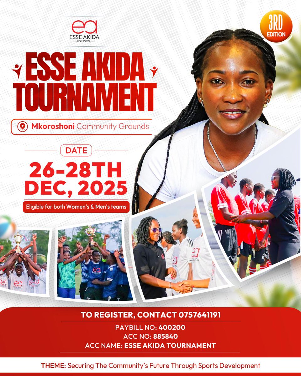 The 3rd Edition of the Esse Akida Tournament is here! ⚽🔥
26–28 Dec at Mkoroshoni Ground uniting men’s &amp; women’s teams for talent, unity and community impact.
Join us as we build the community’s future through sport. 

#EsseAkidaTournament #CommunitySports #YouthDevelopment