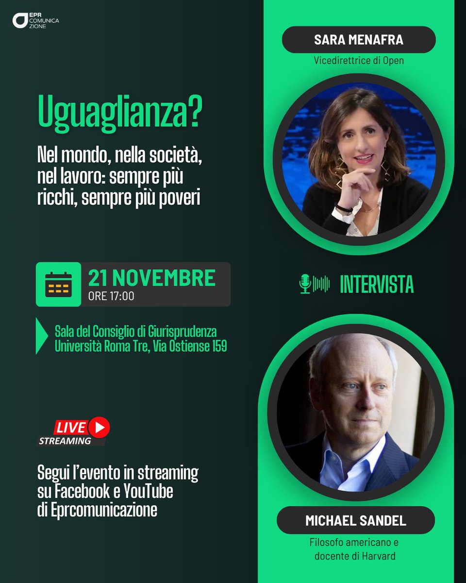 📣 Venerdì 21 novembre, alle ore 17, l’Università Roma Tre ospiterà Michael Sandel, il "filosofo dell'ug uaglianza", professore all’Università di Harvard e tra le voci più autorevoli e popolari nel dibattito internazionale su giustizia sociale e diritti.

L’incontro, promosso da