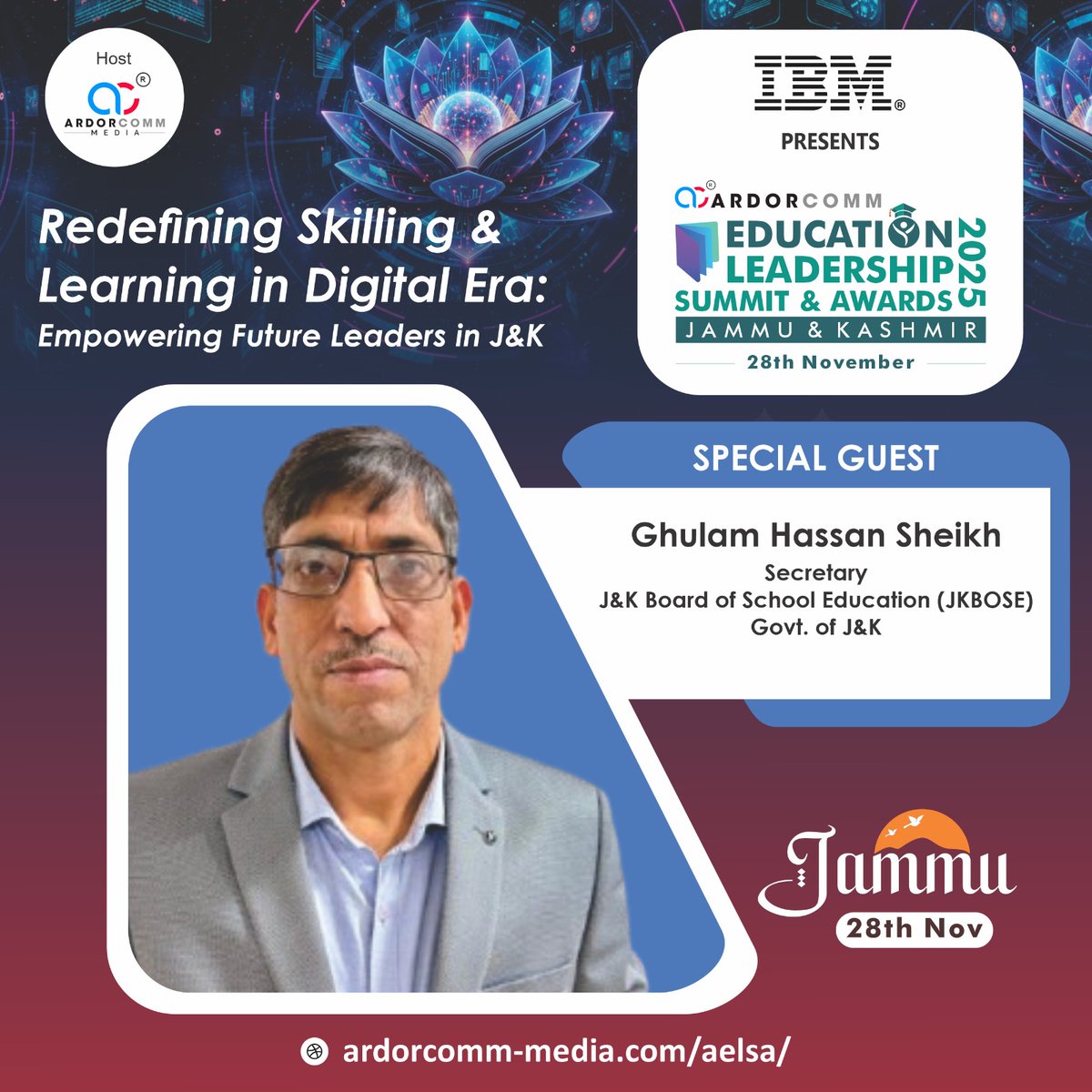 ardorcomm's tweet image. We welcome Ghulam Hassan Sheikh, Secretary, J&amp;amp;K State Board Of School Education (JKBOSE), Govt. of J&amp;amp;K as Special Guest at the AELSA Jammu 2025.

Visit: ardorcomm-media.com/aelsa/

#ArdorComm #AELSA2025 #AELSAJammu #EducationLeadership #EdTech #Skills #Learning @Office_JKBoSE