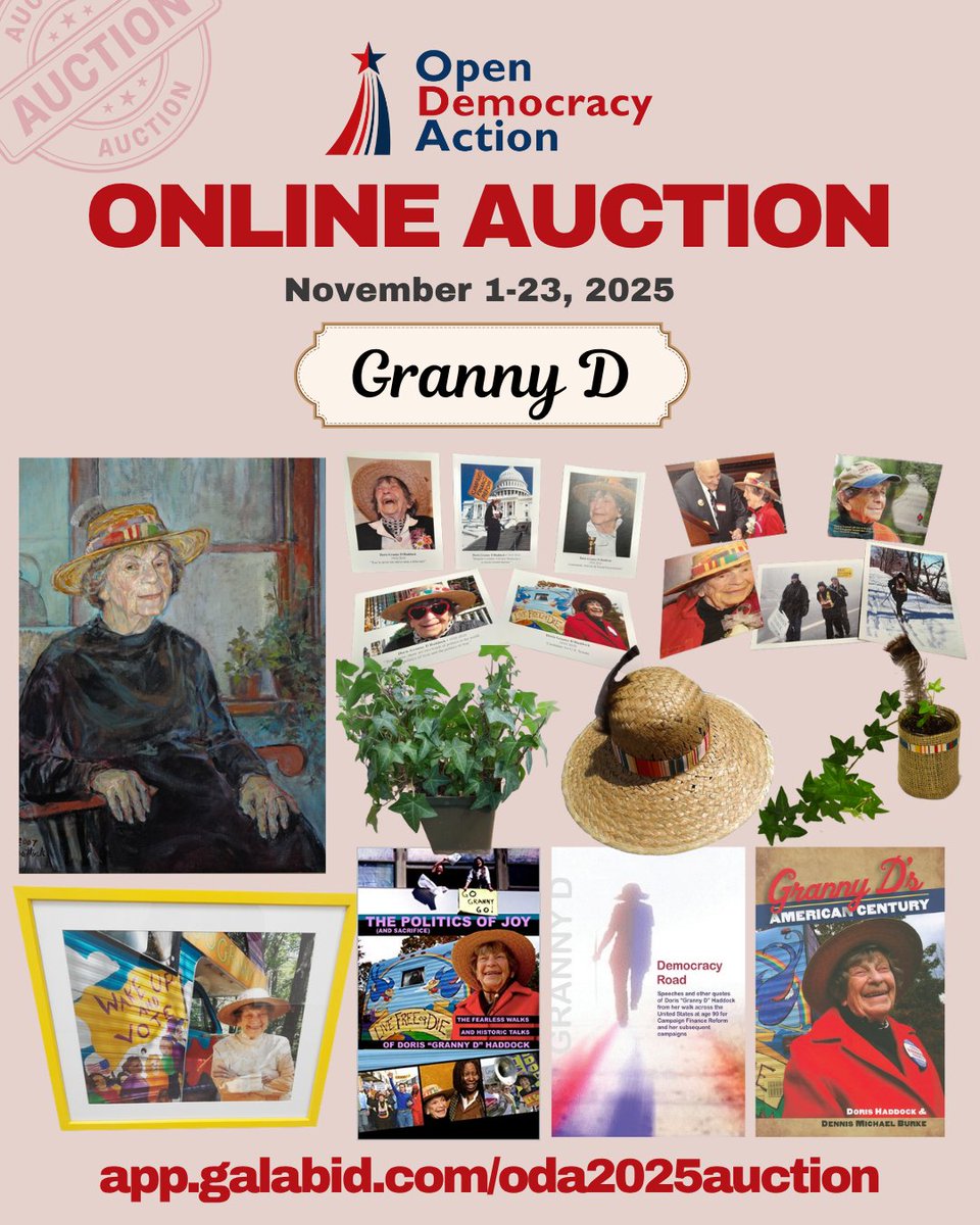 OpenDemoAction's tweet image. 💙 Bid on these special Granny D items and help us reach our $4,000 goal while supporting the movement she championed!

app.galabid.com/oda2025auction…

#auction #opendemocracyactionnh #NewHampshire