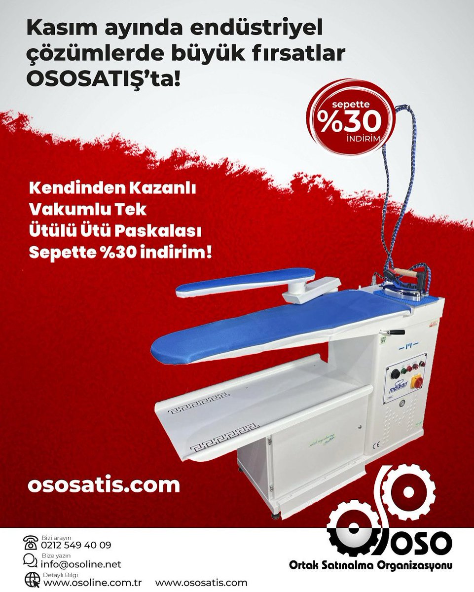 OSOLINE_'s tweet image. Kasım ayında endüstriyel çözümlerde büyük fırsatlar OSOSATIŞ’ta!
Kendinden Kazanlı Vakumlu Tek Ütülü Ütü Paskalası
✅ Sepette %30 İndirim 
#ÜtüPaskalası #TekstilMakineleri #EndüstriyelMakine #Üretim #OSO #OsoSatış #OsoLine #KasımFırsatları