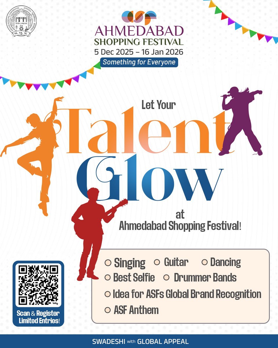 amdshoppingfest's tweet image. Show your talent and let Ahmedabad cheer for you!🎙️

Singing, dancing, guitar, drumming, selfies or ideas - ASF is giving every star a stage. ✨

Register now,
Limited entries!

#ASF2025 #AhmedabadShoppingFestival2025 #Somethingforeveryone #heritagecity #amazingAmdavad