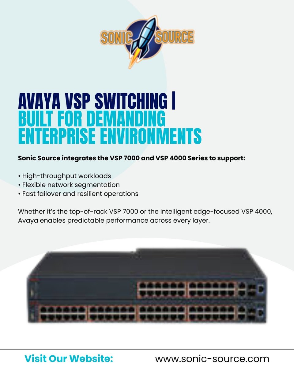 SourceSoni25436's tweet image. Strong networks begin with stronger architecture.
The Avaya VSP Series, deployed by Sonic Source, delivers fast switching, resilient topologies, and unified control from core to edge.
Designed for enterprises that depend on consistent, real-time performance.
.
.
.
.
#SonicSource