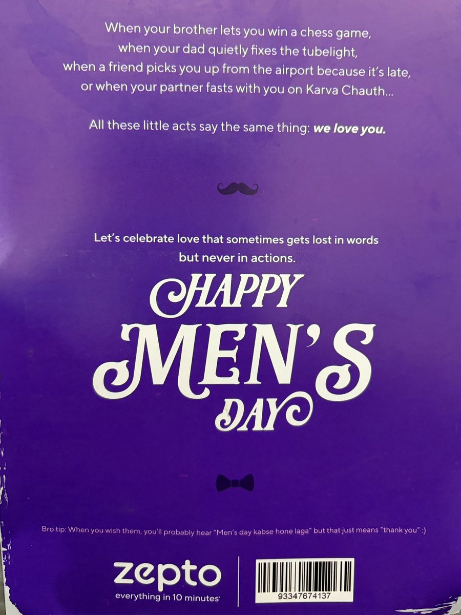 SibbalTechTalks's tweet image. Shoutout to @ZeptoNow for this heartfelt Men’s Day card drop! Celebrating those quiet acts of love—like Dad fixing the tubelight or decoding “Gedi marke aaya” (aka “I’m here for you”). Grateful to founders @aadit_palicha &amp;amp; @v0hra for innovating not just 10-min deliveries, but…