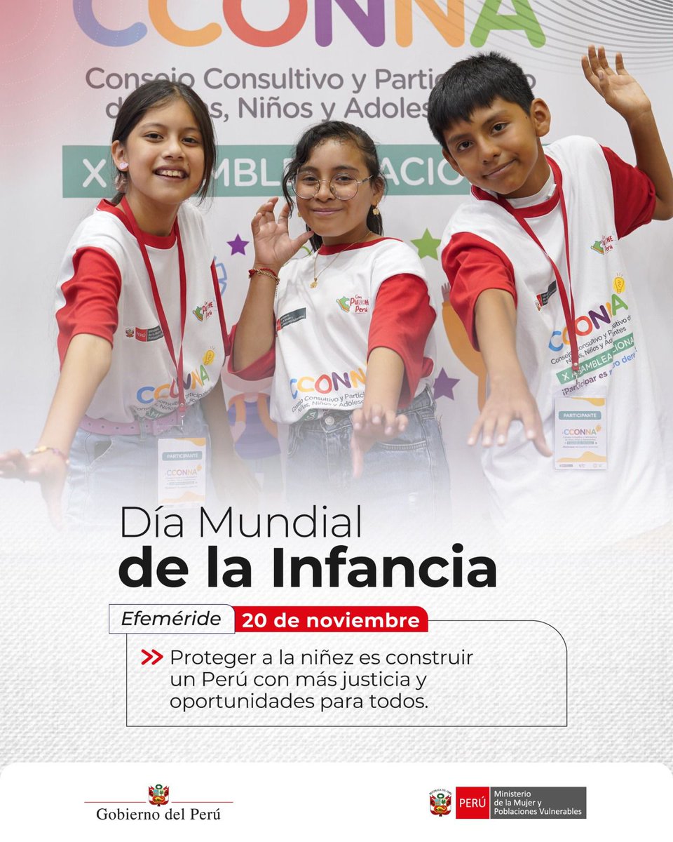 🧒🏽🌍 Día Mundial de la Infancia | 20 de noviembre
Proteger los derechos de niñas, niños y adolescentes es fundamental para garantizar su bienestar y desarrollo integral. ✨

El Ministerio de la Mujer y Poblaciones Vulnerables impulsa acciones y servicios orientados a promover