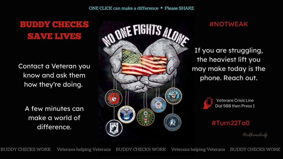 ✔️ 🇺🇸#BuddyChecks - Veterans 🇺🇸   ✔️
Morning, y'all! Checking in with your brothers and sisters strengthens your bonds. You’re important — never forget that. I love you all!❤️🤍💙
⭐️<a href="/jawjaboy71/">Jim Copeland</a> <a href="/RetiredUSN_USPS/">Larry Wheeler 🇺🇸🏈🏁</a> <a href="/Lesa87593067/">Lesa ~ pissed off GGMA</a> <a href="/Viatorc/">Viatorc</a> <a href="/viking_duane/">Viking Rider🇺🇸</a> <a href="/SGT_Oz/">🇺🇸Disabled Veteran Constitutional Conservative</a> <a href="/Bpup501/">Bpup50</a> <a href="/GhostCS569/">Cliff Segarra Jr. (RG | ghost569)</a>