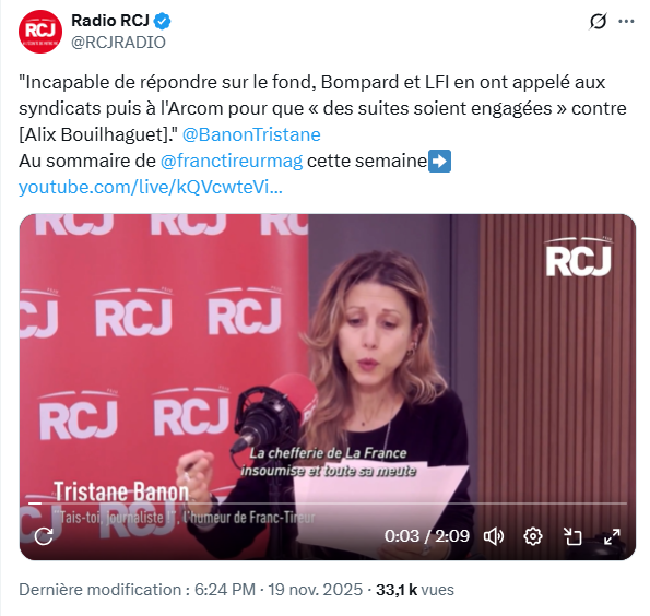 CharliesIngalls's tweet photo. 🔴📺Rappel sur @BanonTristane qui attaque @mbompard et @FranceInsoumise lors de sa dernière chronique dans laquelle elle défend la série de fake news d'Alix #Bouiohaguet

1⃣ Au lendemain de l'élection de Zohran Mamdani à la mairie de New York, elle avait partagé ce montage abject sur lequel on pouvait voir le nouveau maire aux cotés des tours jumelles et de l'attentat du 11/09/2001. Pour Tristane Banon, la victoire de Mamdani à la mairie de New York n'était que le prolongement des terribles attaques qui avait coûté la vie à 3000 personnes 

Le tweet avait finalement été supprimé.

2⃣ Tristane Banon est également collaboratrice chez @franctireurmag, le magazine dont Caroline Fourest est directrice éditoriale, la même Caroline Fourest qui s'est empressée de s'attaquer à Zohran Mamdani il y a quelques mois lorsqu'il était devenu l'un des favoris pour la mairie. Depuis, son magazine ne cesse de diffuser des messages diffamants à l'égard de Mamdani.

Il n'y a donc aucune surprise à voir une collaboratrice d'une habituée des fake news telle que Fourest défendre les fake news d'Alix Bouilhaguet !

=====
N'oubliez pas de suivre ce compte @CharliesIngalls pour plus d'informations !