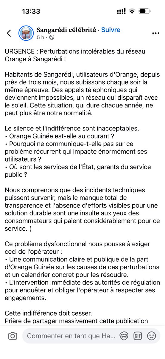 MohamedHaousa's tweet photo. @orangeguinee_gn Durant mon séjour à Sangarédi du 03 au 07 novembre, j’ai vécu un véritable calvaire avec le réseau Orange. Internet quasi inexistant, appels impossibles, et ce justement aux heures où tout le monde en a le plus besoin. J’ai même contacté le service #kibaro https://t.co/a7G4NxUCBt