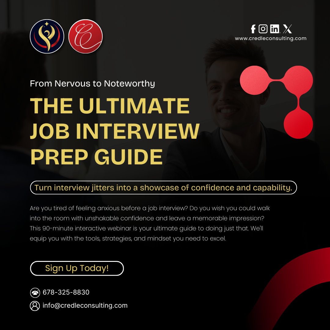 MarciaCredle's tweet image. ✨ Ready to impress your next interviewer?
The Ultimate Job Interview Prep Guide walks you through proven strategies to communicate confidently and win the job.
🔗Join Now: credleconsulting.com
#CareerGrowth #InterviewTraining #SuccessMindset #JobOpportunities