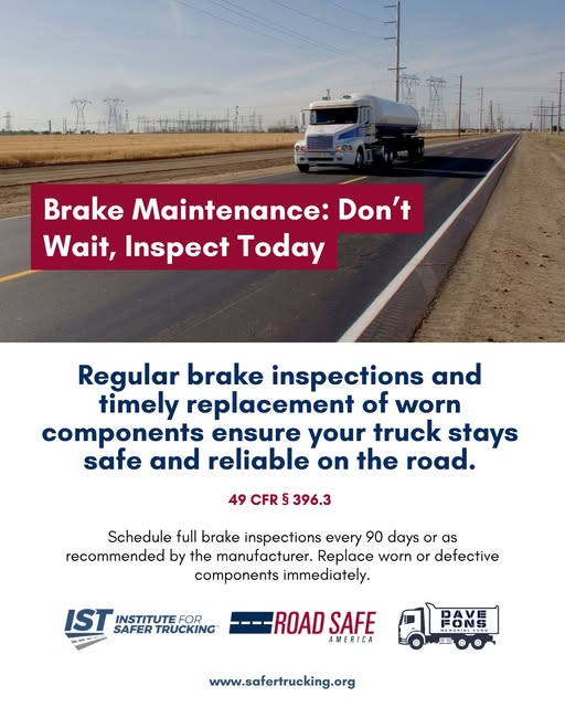 Your brakes are only as strong as your maintenance routine.
Schedule full brake inspections every 90 days (or as recommended by manufacturer) and replace worn or defective parts immediately. Regular maintenance keeps you in control and protects everyone on the road.

#TruckSafety