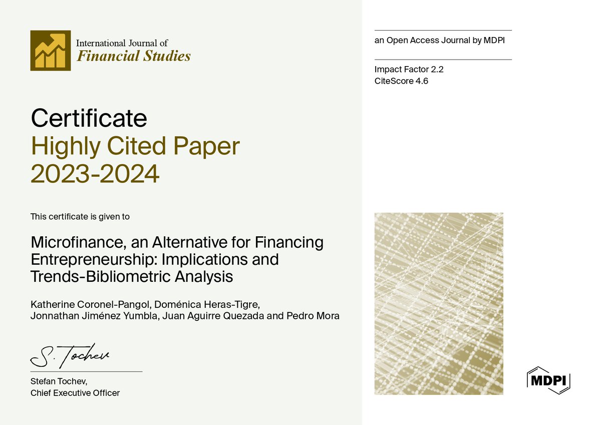 🎉 Feature Paper #IJFS_MDPI

📝 Microfinance, an Alternative for Financing Entrepreneurship: Implications and Trends-Bibliometric Analysis
🎓 by Katherine Coronel-Pangol, et al.
🔗 Read at: mdpi.com/2227-7072/11/3…

#microfinance #entrepreneurship #bibliometric_analysis