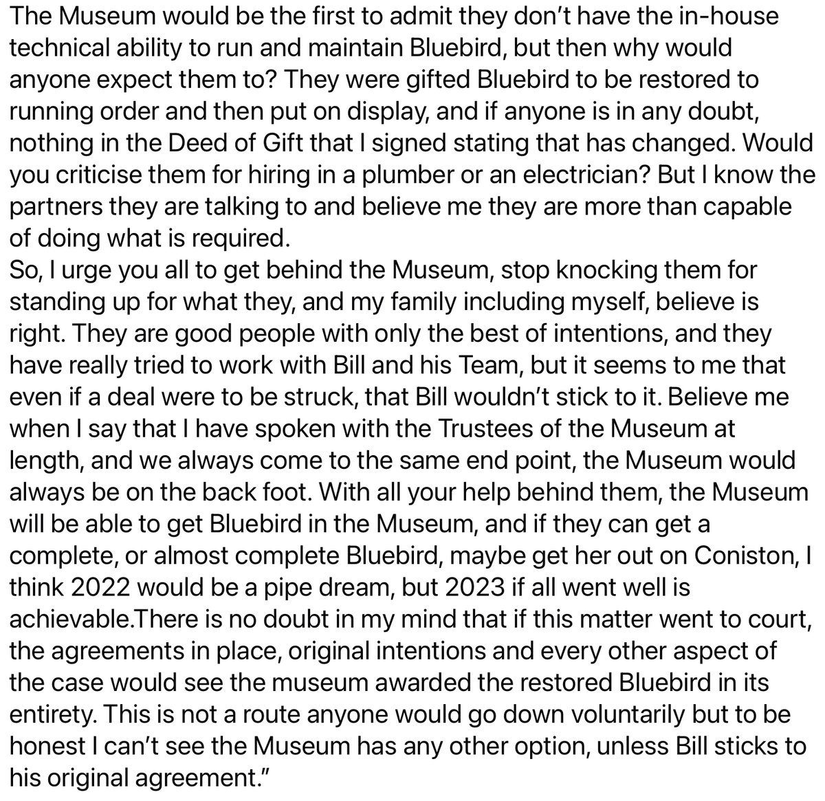 tony_t70971's tweet image. Looking back at 2021, Gina Campbell QSO’s words are very prophetic. There‘s no way the museum will ever work with Smith, his days are well and truly over in relation to Donald Campbell’s Bluebird K7.
He has to live with the consequences of his own actions. 
#BluebirdK7
#DBTS