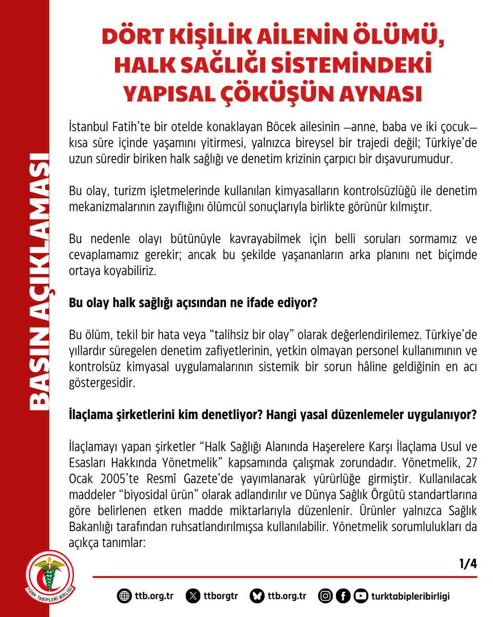 ttborgtr's tweet image. Dört Kişilik Ailenin Ölümü, Halk Sağlığı Sistemindeki Yapısal Çöküşün Aynası

İstanbul Fatih’te bir otelde konaklayan Böcek ailesinin -anne, baba ve iki çocuk- kısa süre içinde yaşamını yitirmesi, yalnızca bireysel bir trajedi değil; Türkiye’de uzun süredir biriken halk sağlığı…
