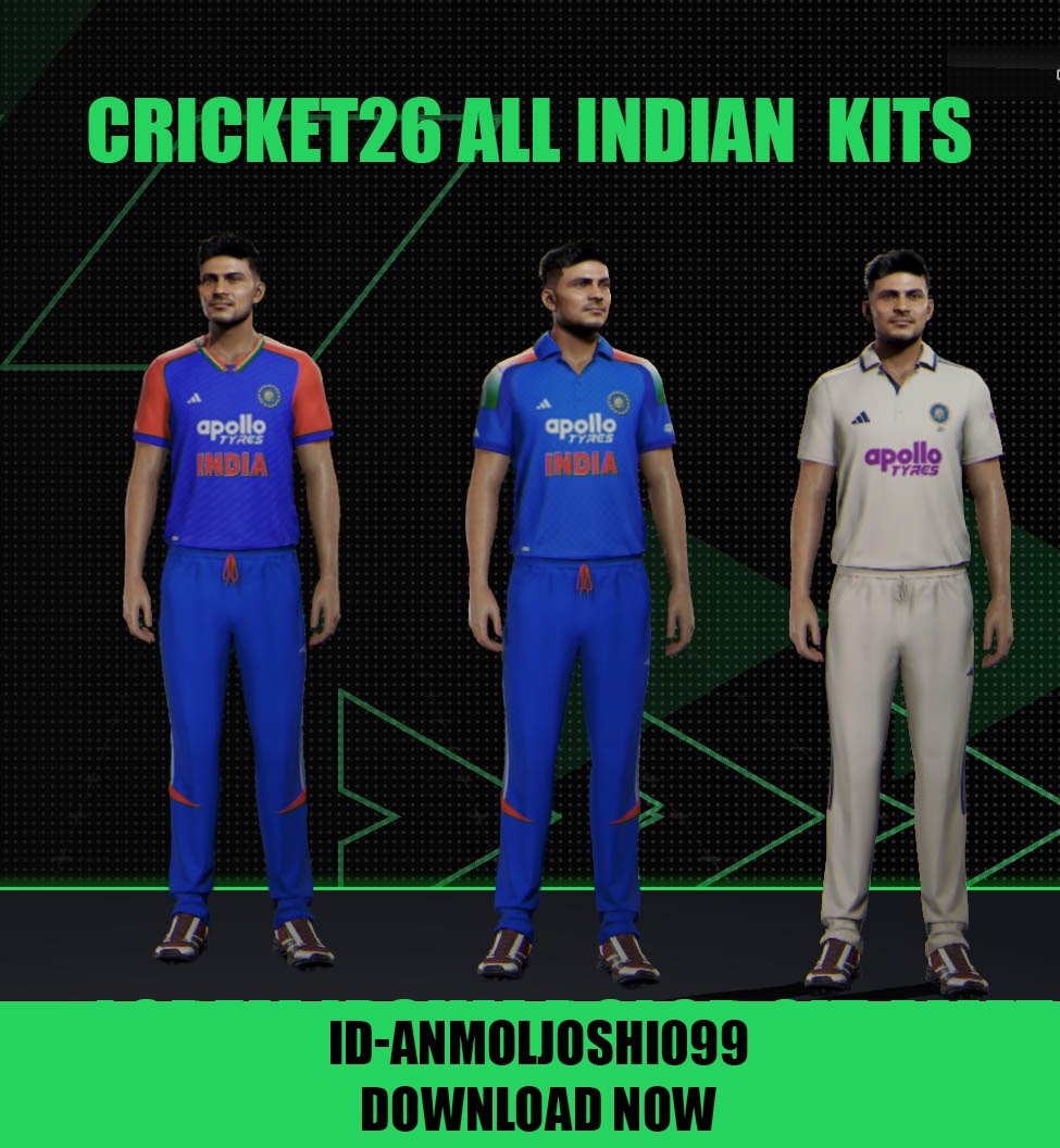 AJMods99's tweet photo. Recreated all Indian kits in #Cricket26! ๐ฎ๐ณ๐ฅ
Big thanks to @viomaxhome for letting me use his C24 logos ๐ and shoutout to @vikas688211 for the help ๐ค
Download now โ ID: anmoljoshi099 ๐๐
#Cricket26 #IndianCricket #AJMods #BigAntStudios #GamingCommunity https://t.co/7Z0P4yMQdi