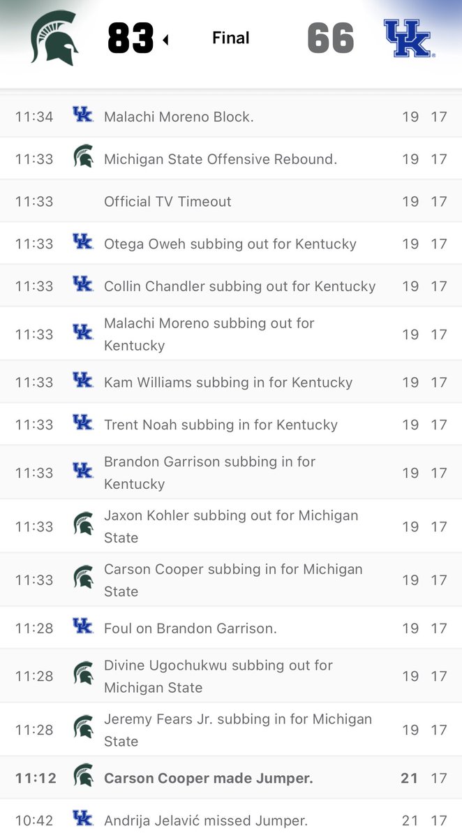 Both big games so far Brandon Garrison has been subbed in for Malachi at the 11:30 mark in the 1st Half and Kentucky has completely let the game get away from them.