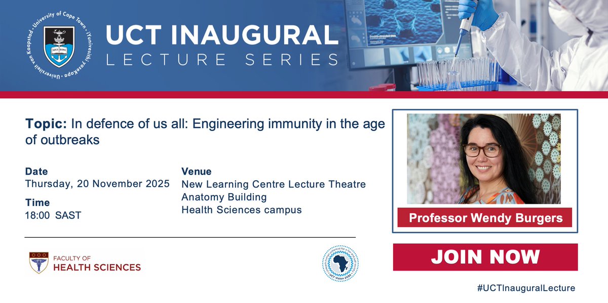 UCT_news's tweet image. Join Professor Wendy Burgers for the last UCT Inaugural Lecture of the year on Thursday, 20 November 2025 at 18:00 SAST.

#UCTInauguralLecture

Watch the lecture online: qr.codes/AfnuZp