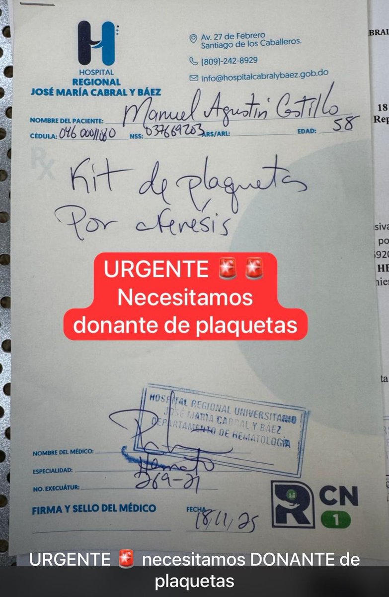 🚨 URGENTE 🚨

Necesitamos con carácter de urgencia DONANTE DE PLAQUETAS por aféresis para el paciente Manuel Agustín Gatillo, ingresado en el Hospital Regional Universitario José María Cabral y Báez (Santiago).

Si puedes donar o conoces a alguien que pueda hacerlo, por favor