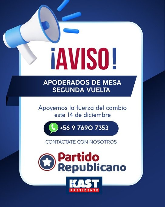 🚨¡AVISO URGENTE! ¡Necesitamos tu compromiso por Chile! 🇨🇱

El próximo DOMINGO 14 DE DICIEMBRE es la SEGUNDA VUELTA y la defensa de cada voto es crucial.
Necesitamos APODERADOS DE MESA que apoyen la #FuerzaDelCambio y defiendan la transparencia del proceso.
Si quieres ser